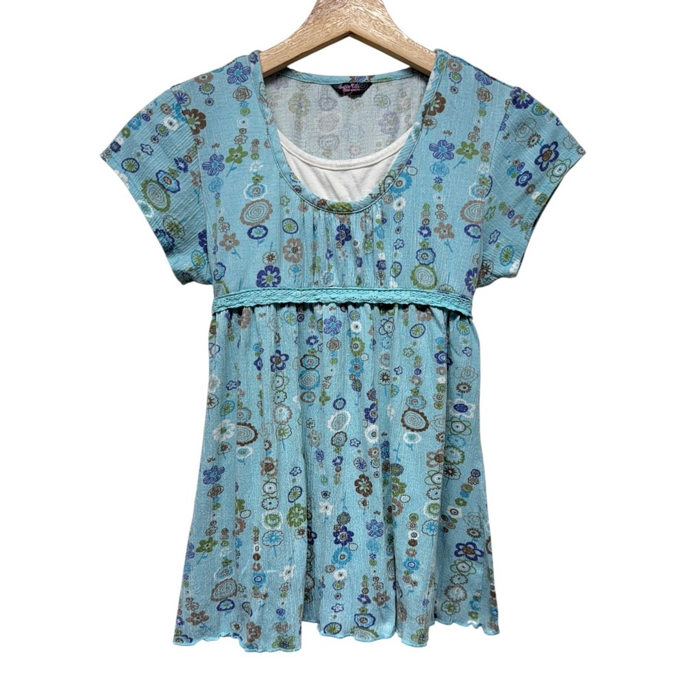 Y2K Babydoll Top XS Floral Milkmaid Boho Fairy Grunge Blue Coquette Short Sleeve